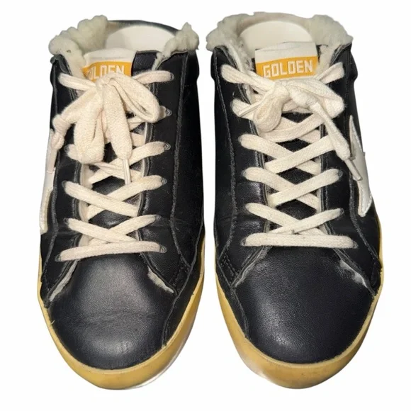 GOLDEN GOOSE Super-Star Sabots in Black Leather w/ Shearling Lining Sz 39 (US 8)